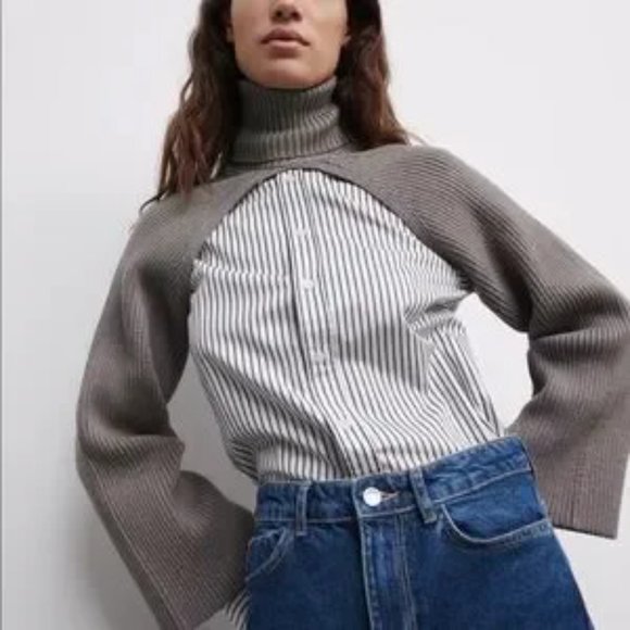 ZARA Knit Turtleneck Arm Warmer Sweater Grey - Picture 5 of 6